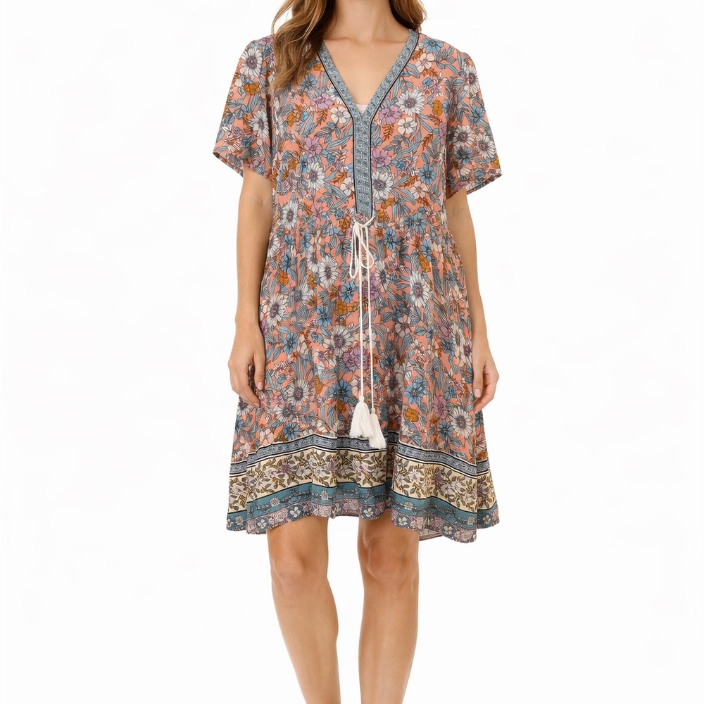 Boutique Brand Size Medium Pink Floral Bohemian Style Mini Dress